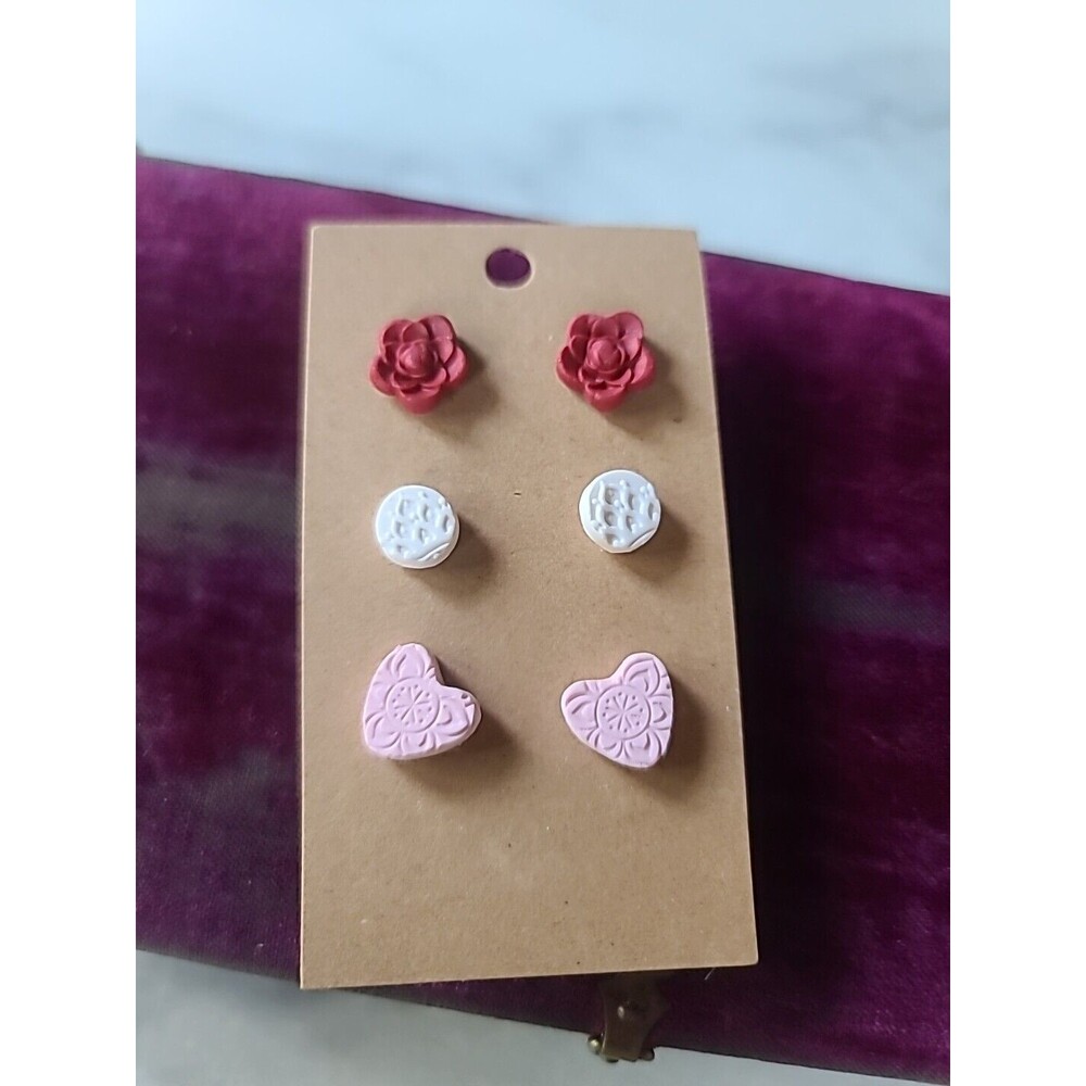 Polymer Clay Floral Stud Earrings New, Set Of Three